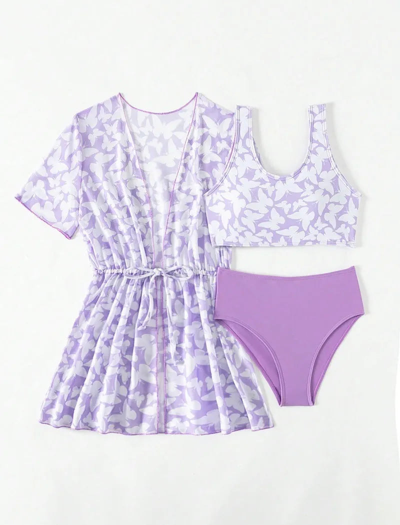 Girls three-piece split swimsuit with cover print design in colour 3218