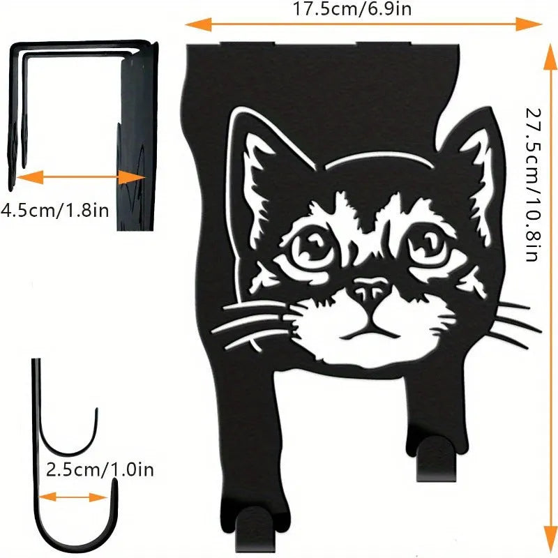 Black decorative cat-shaped iron wall hook with punch-free mounting