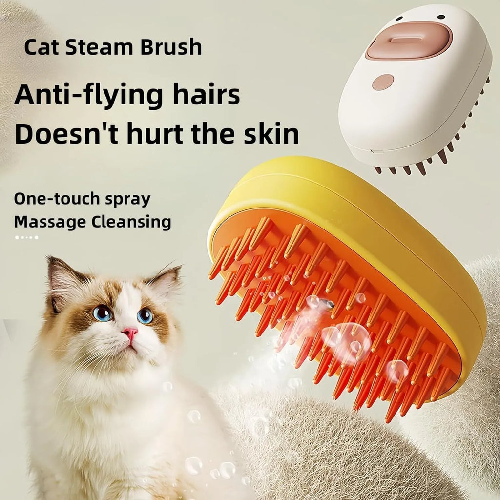 White and yellow rechargeable pet steam brush with rubber comb teeth and water tank