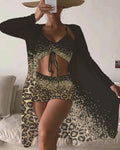Women's three-piece swimsuit set showing sleeveless top, high-waisted shorts, and matching coat in polyester fabric
