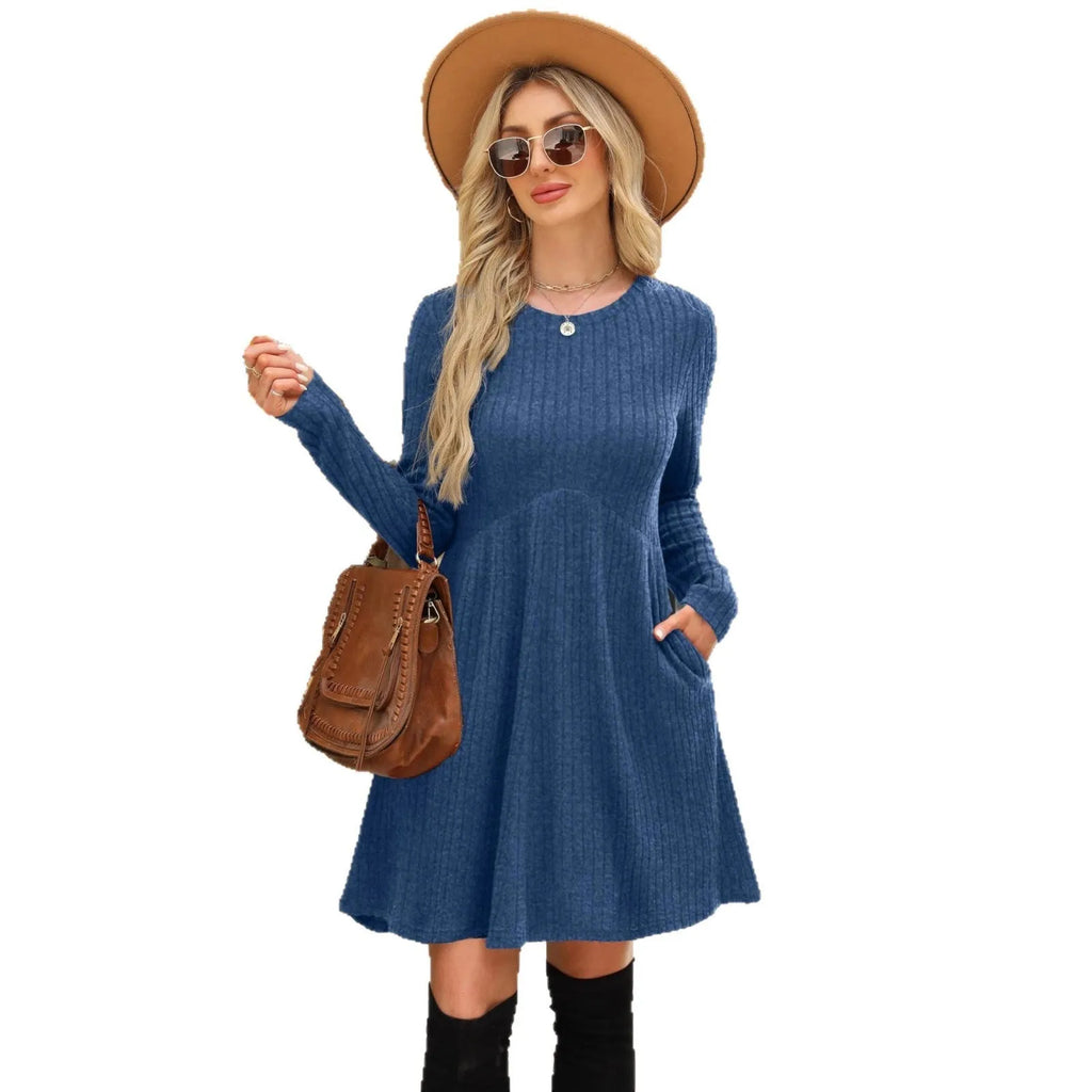Women's bohemian brushed sunken stripe princess dress with wide waist in solid colour, mid skirt length, sizes S-XXL.