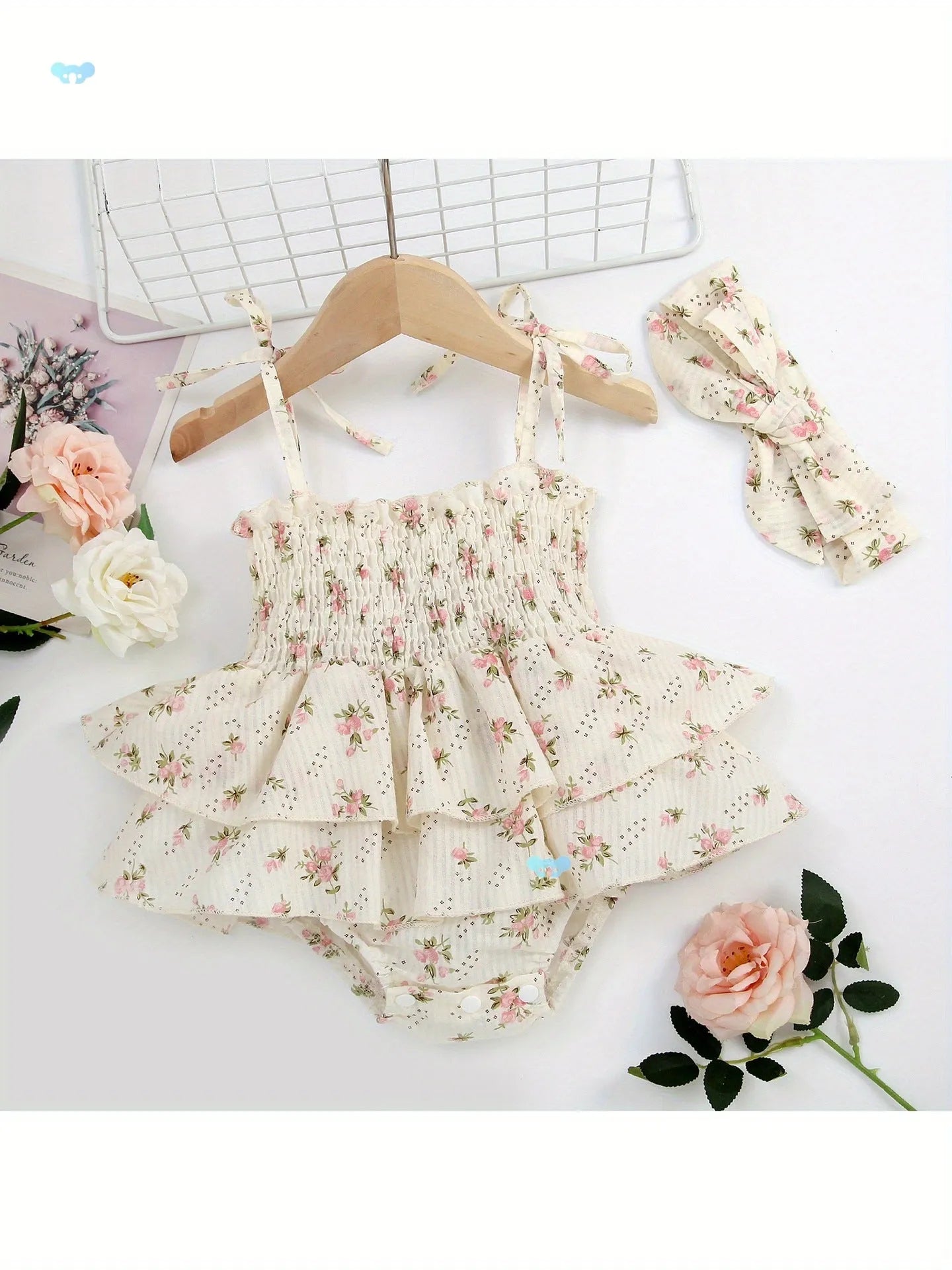 Baby girl boho jumpsuit set with corduroy A-line skirt and beige colour, including white T-shirt and headband