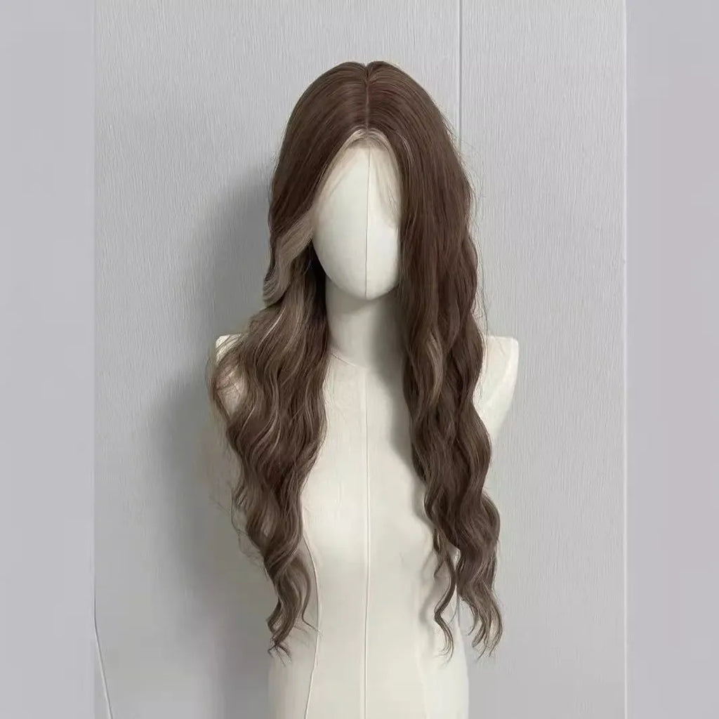 Gray golden highlight long curly lace wig with hair net on display