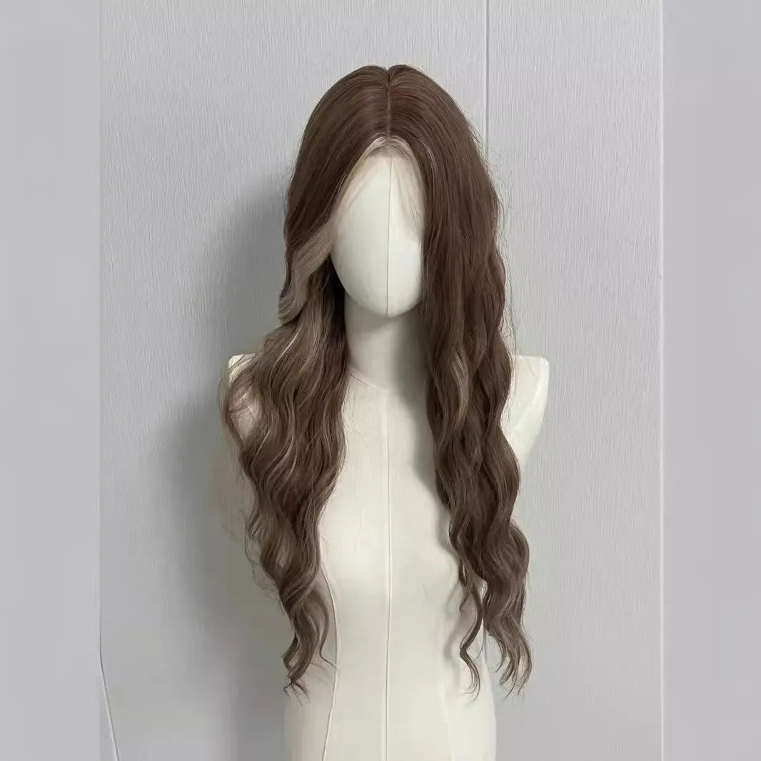 Gray golden highlight long curly lace wig with hair net on display