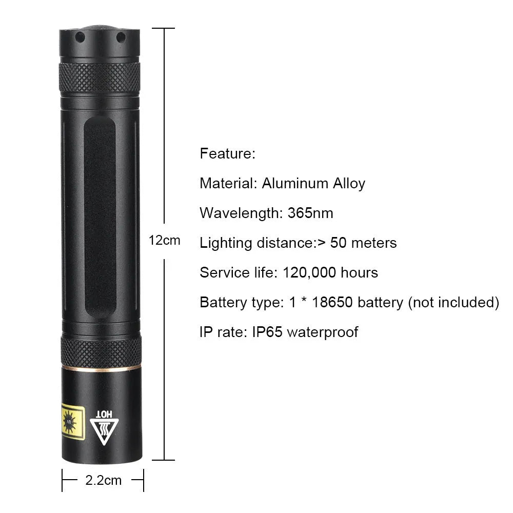 Black aluminium alloy handheld UV flashlight emitting 365nm ultraviolet light for detection tasks.