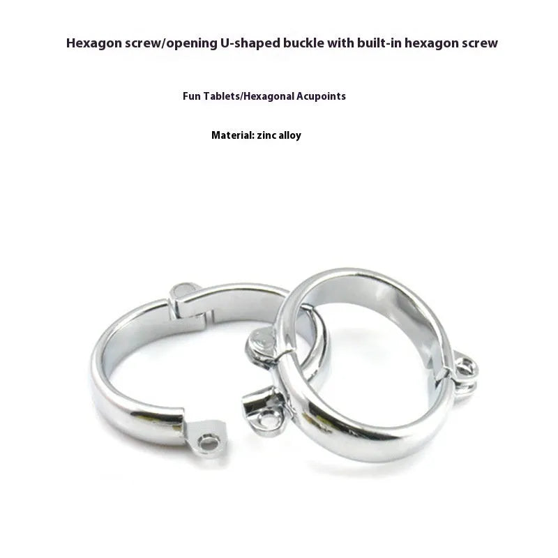 Silver zinc alloy handcuffs and footcuffs set for adults on a dark background
