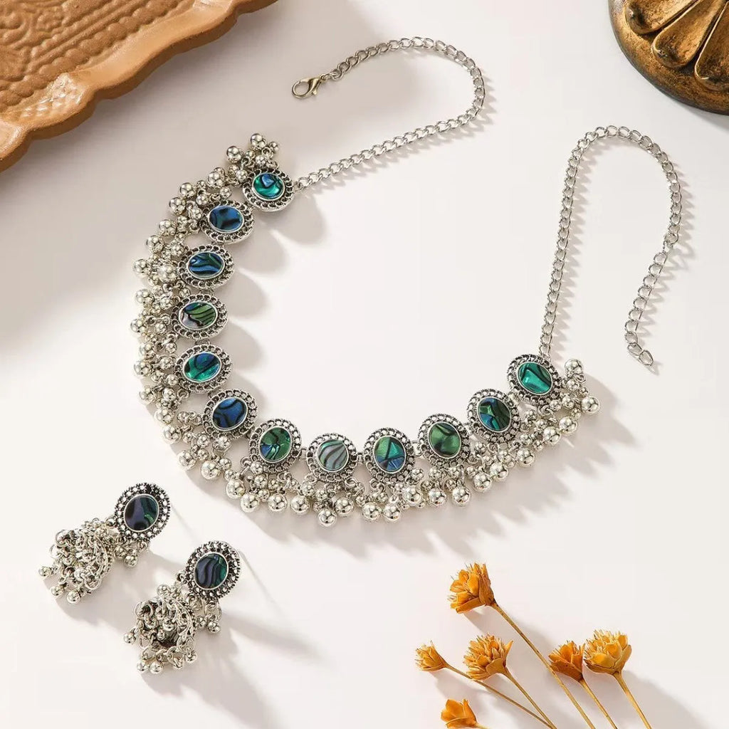 European American retro Indian style abalone shell Bohemian round ethnic alloy necklace and earrings set for women in colour XL-012