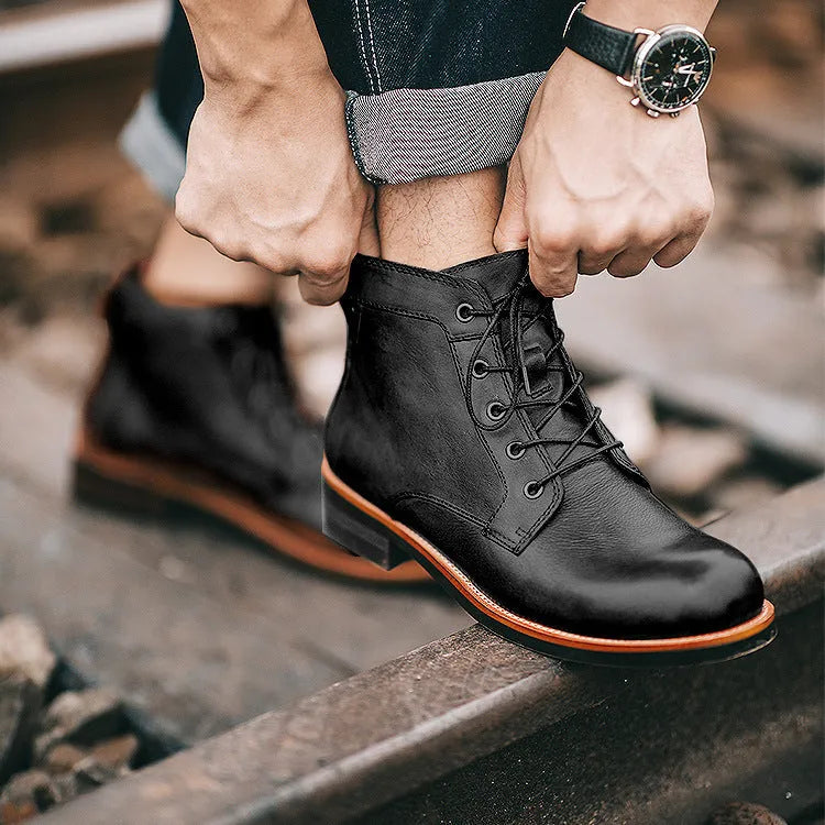 Men's military plus size workwear leather martin boots in black with lace-up closure and rubber sole