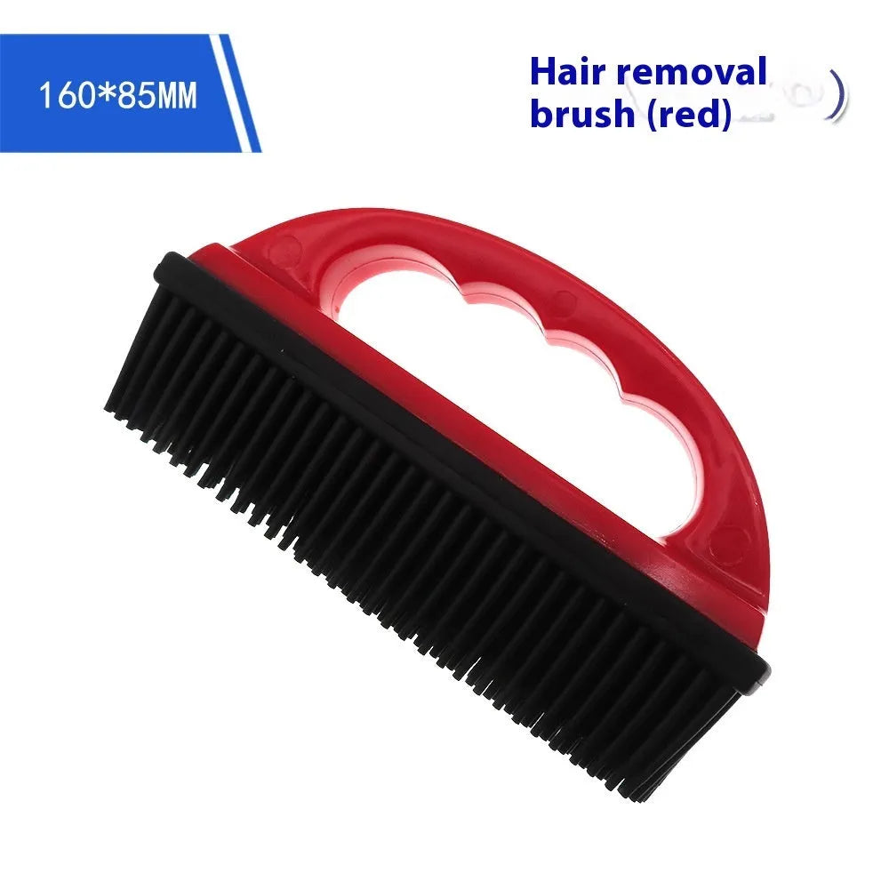Red handheld pet hair removal brush for grooming and carpet cleaning