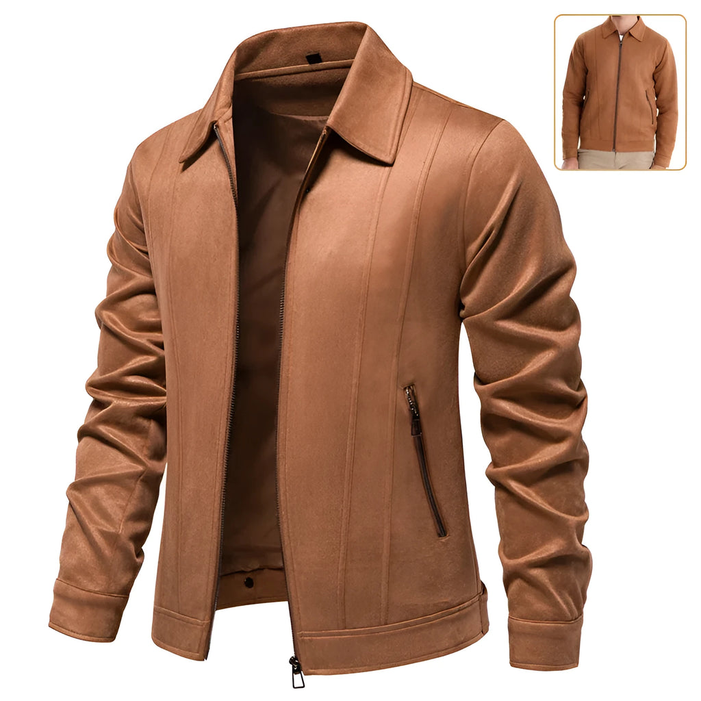 Mens suede lapel zipper jacket autumn winter solid colour outdoor coat black front view