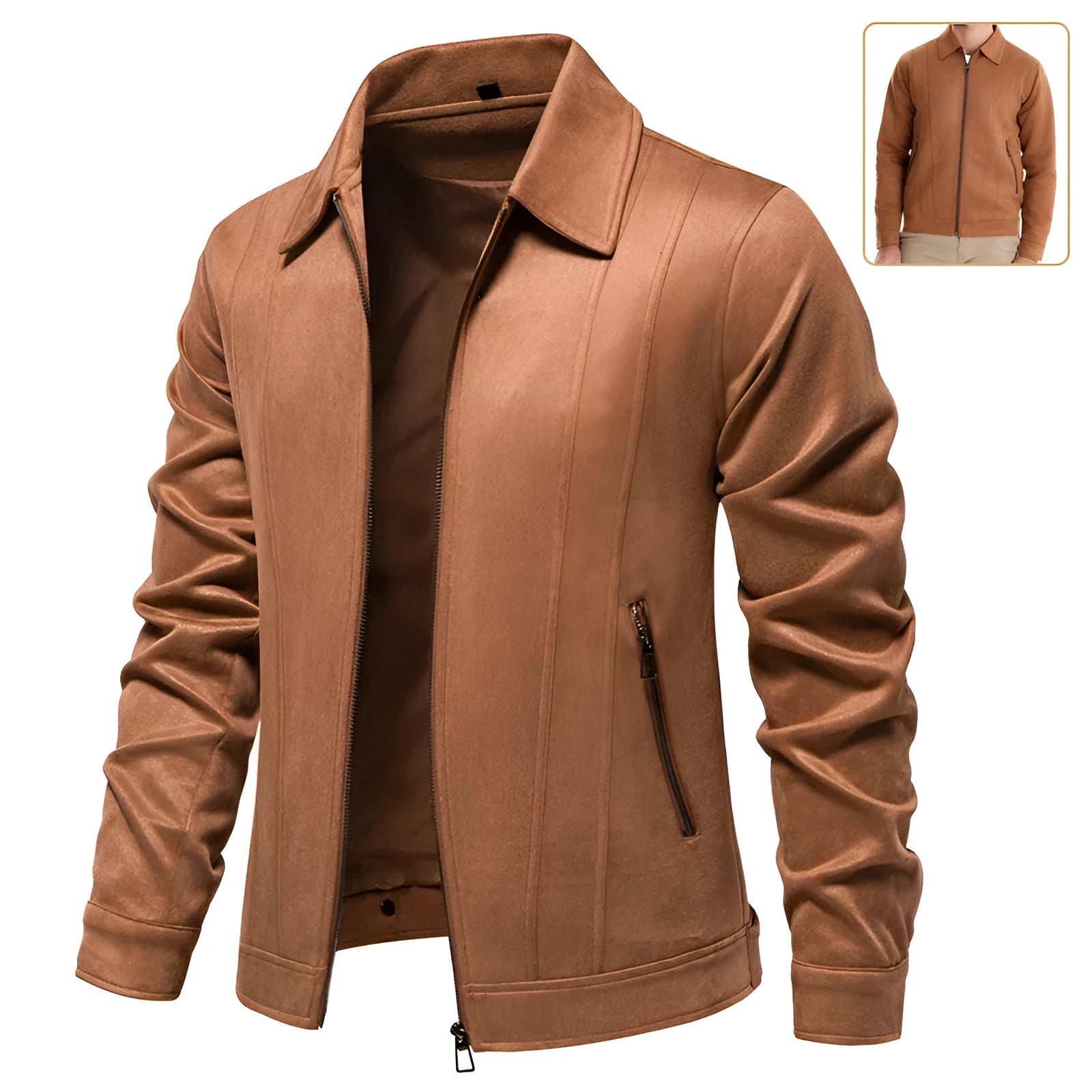 Mens suede lapel zipper jacket autumn winter solid colour outdoor coat black front view