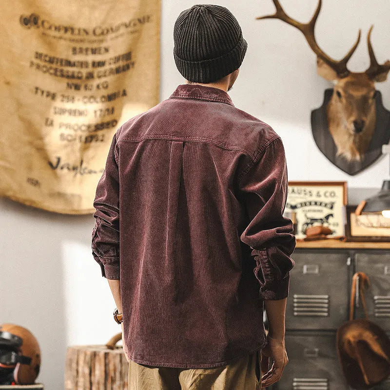 Men's loose-fit black corduroy shirt jacket with long sleeves