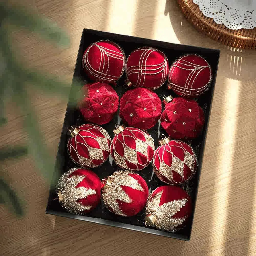 12-piece plastic flocked Christmas ball set in paper box with wine red, milky white, and Maillard colour options