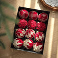12-piece plastic flocked Christmas ball set in paper box with wine red, milky white, and Maillard colour options