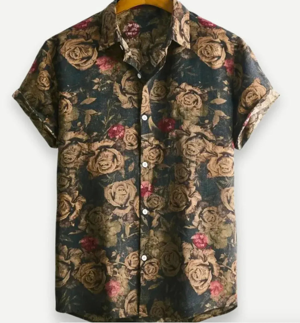 Man's short-sleeve Hawaiian floral print cardigan shirt in elastic polyester fabric.
