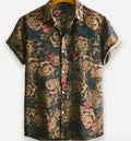 Man's short-sleeve Hawaiian floral print cardigan shirt in elastic polyester fabric.