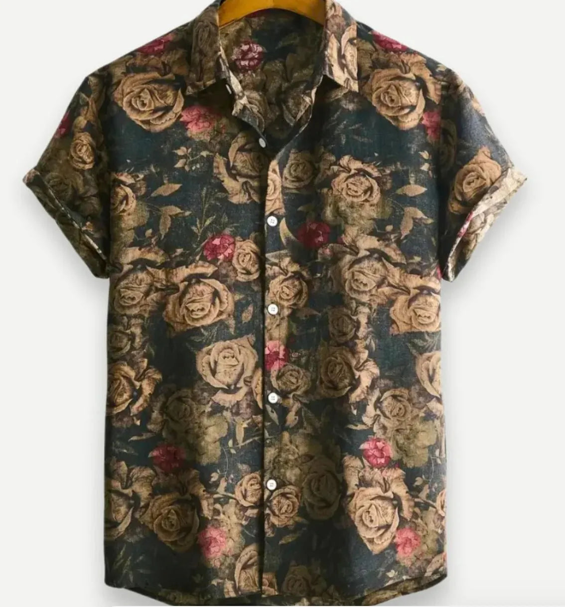 Man's short-sleeve Hawaiian floral print cardigan shirt in elastic polyester fabric.