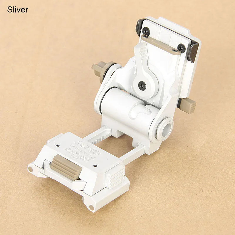 Metal alloy L4 G24 night vision helmet mount bracket with OPS breakaway base in dark earth colour.