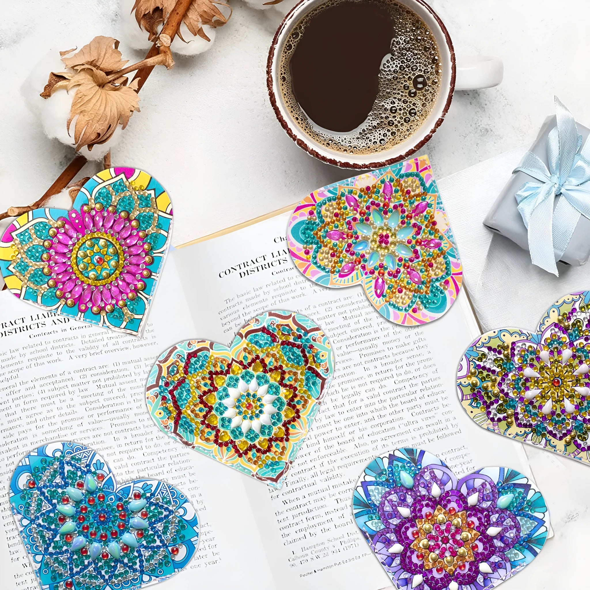 Handmade PU leather bookmark set with stick-on crystals and flower cornerite design, six pieces.