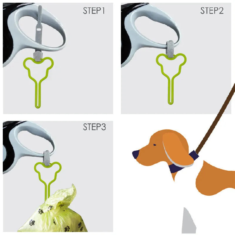 Hands-free dog poop bag holder with clip and adjustable Velcro strap in various colours