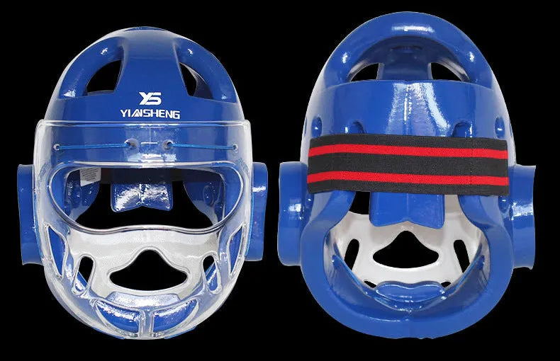 White, blue, and red karate helmet for boxing head protection, shown in S, M, L, XL sizes.