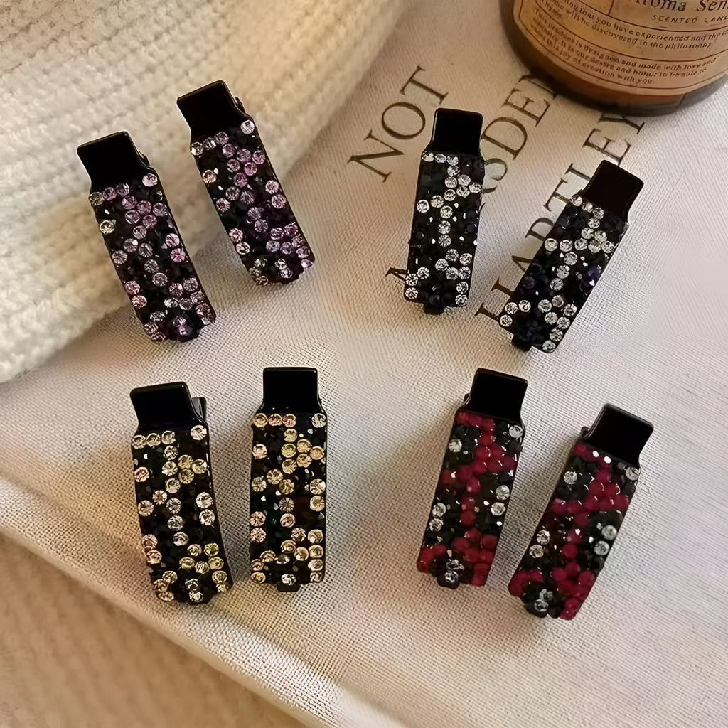 Rhinestone and imitation pearl BB hair clip in Angela red, purple, caramel, and ink blue gray for side bangs.