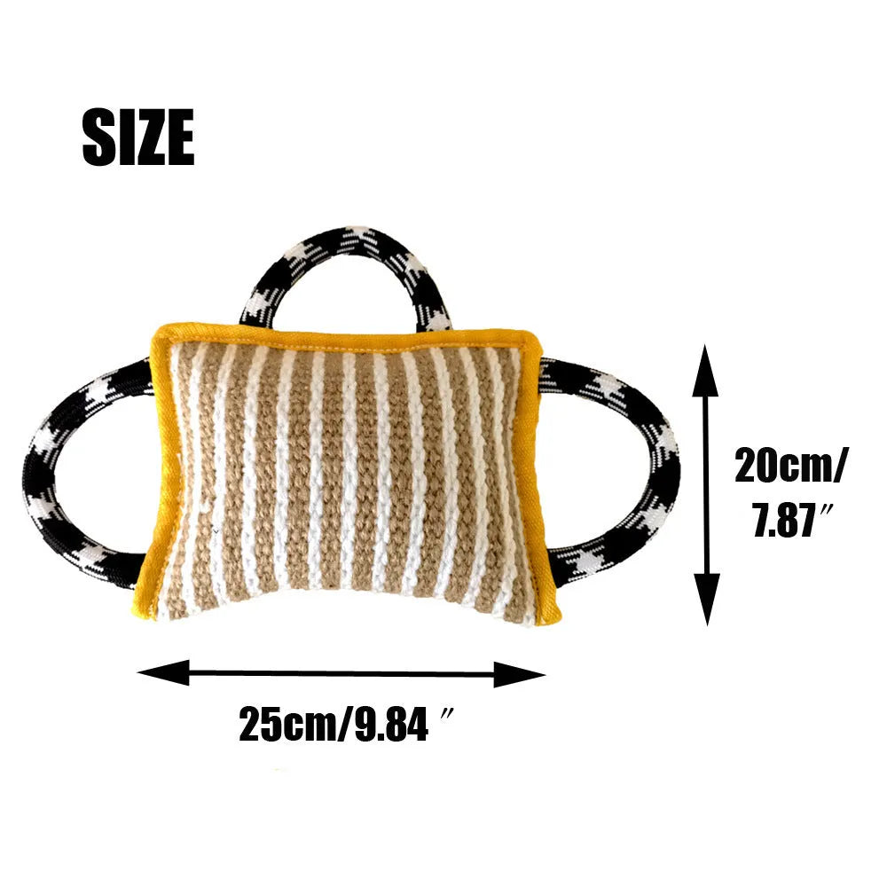 Jute dog tug toy with three rope handles in assorted colours on a neutral background.