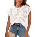 White loose fit crochet sweater with round neck and cover sleeves on hanger
