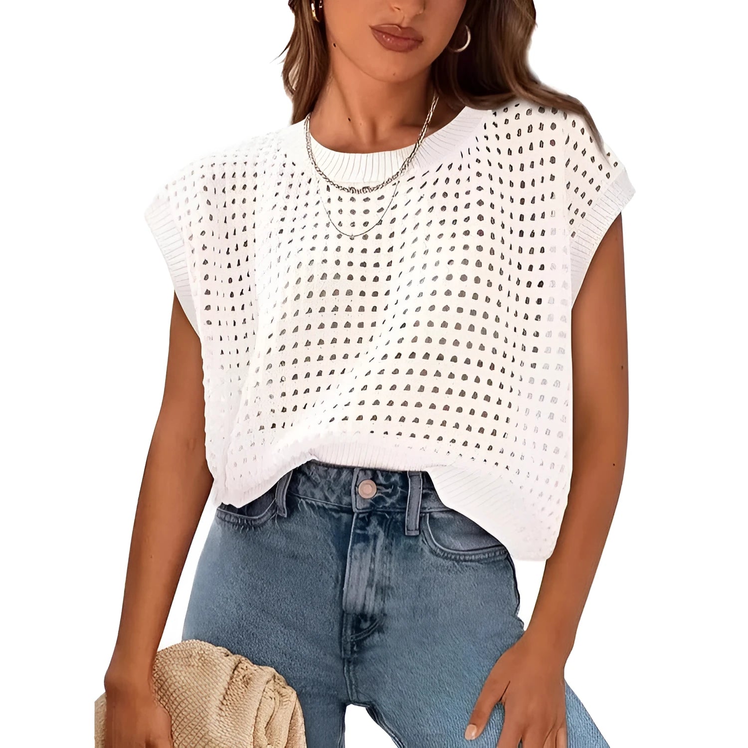 White loose fit crochet sweater with round neck and cover sleeves on hanger
