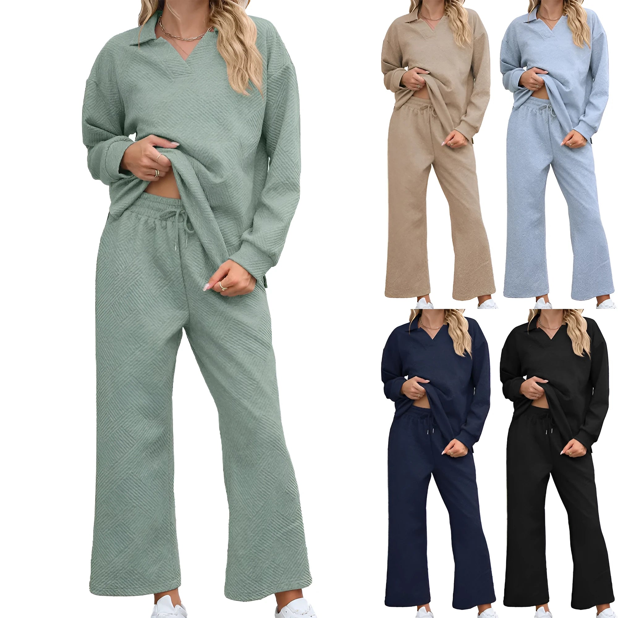 Women's solid colour knitted lapel sweater and cropped pants suit set on a hanger.