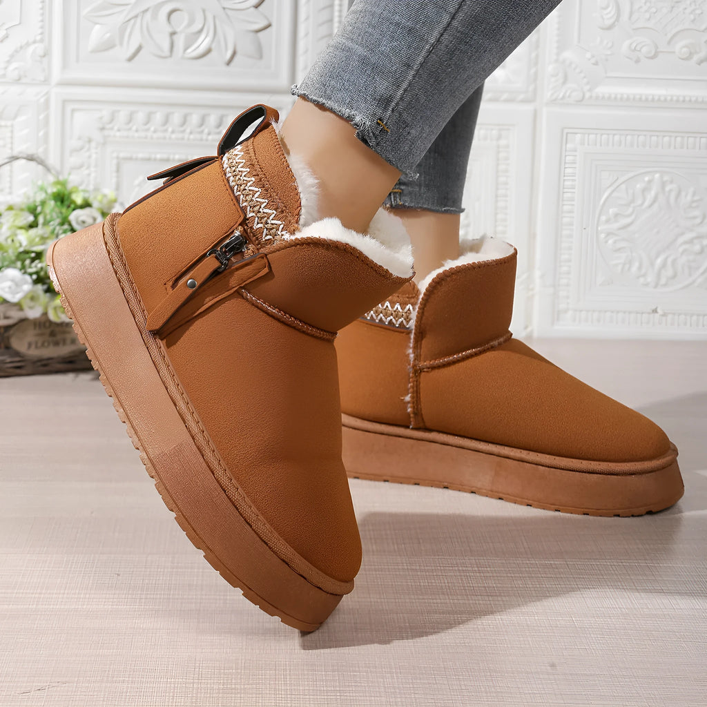 Side zipper thick sole height increasing snow boots for women in cow suede leather, black brown khaki colours