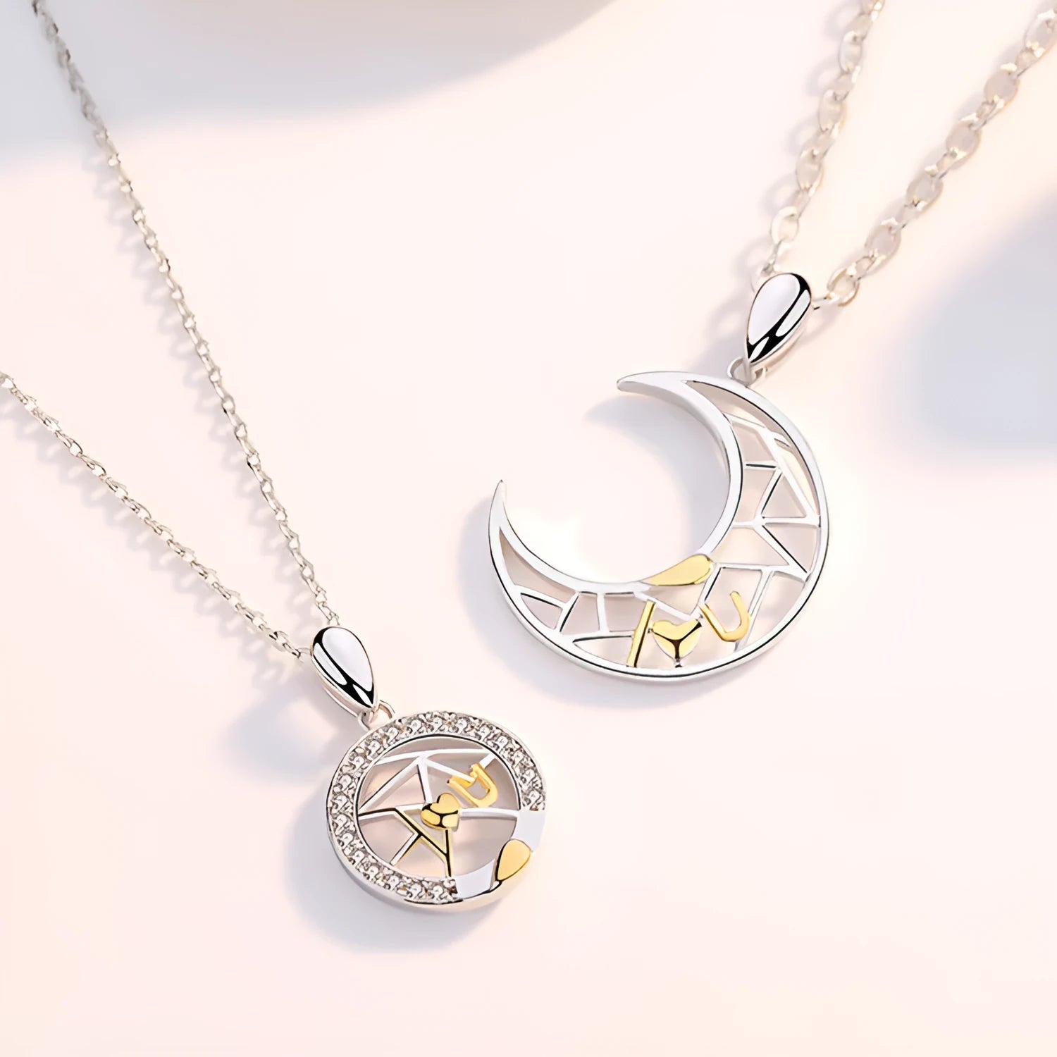 Sun moon couple necklace set with electroplated copper pendants on cross chains