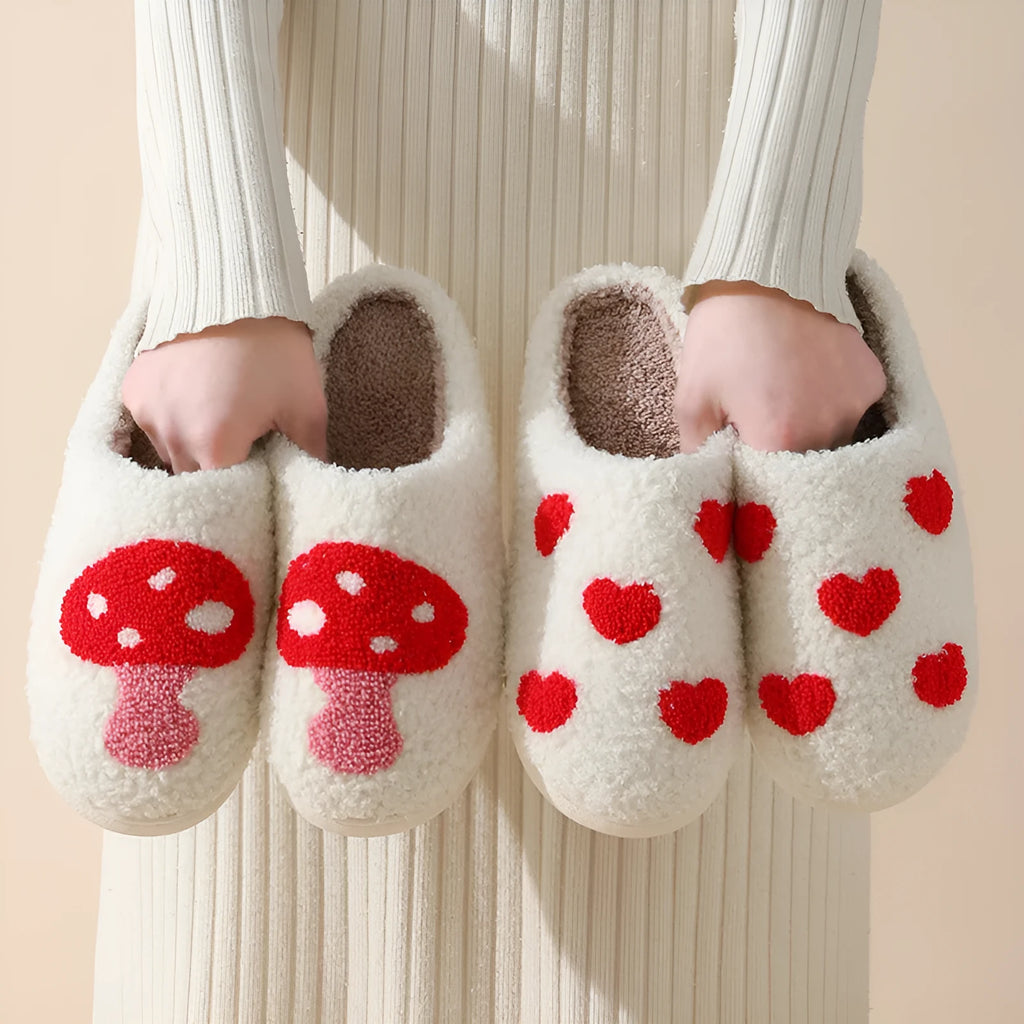 Women's cartoon love style plush slippers with non-slip PVC soles in multiple colour options