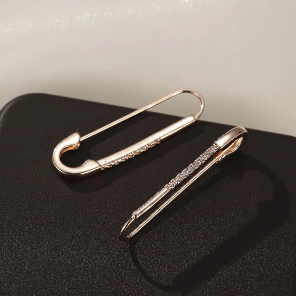 Rose gold geometric pin earrings for women, copper with inlaid zircon, asymmetric design, 1 pair