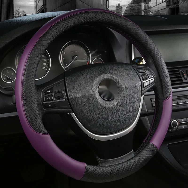 Leather car steering wheel cover with double line stitching, breathable four-season sports style, fits round and D-shaped wheels