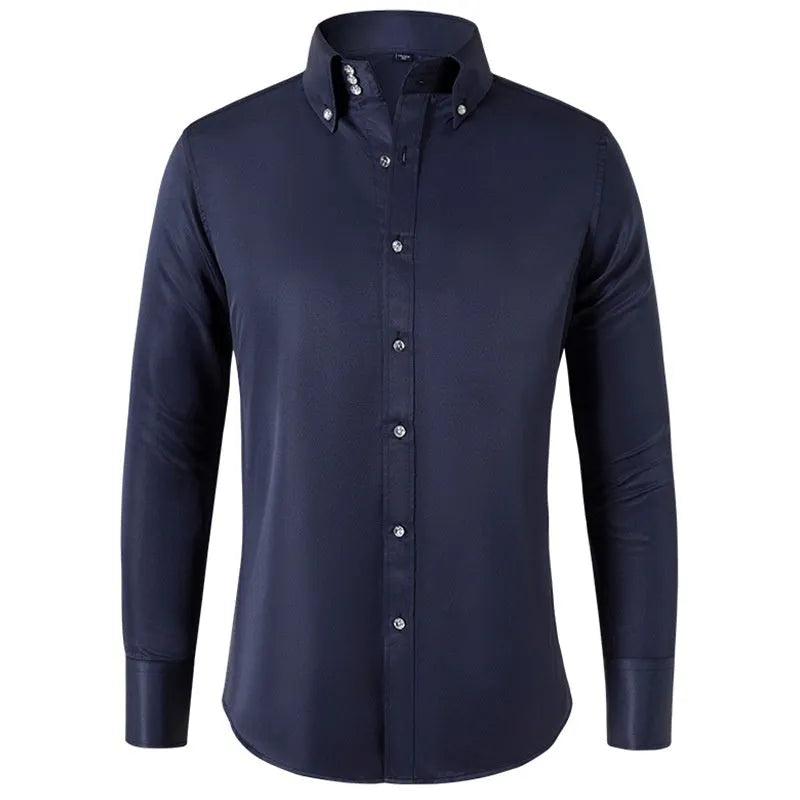 SpringAutumn men's high-neck slim fit polyester shirt with crystal buttons in solid colour