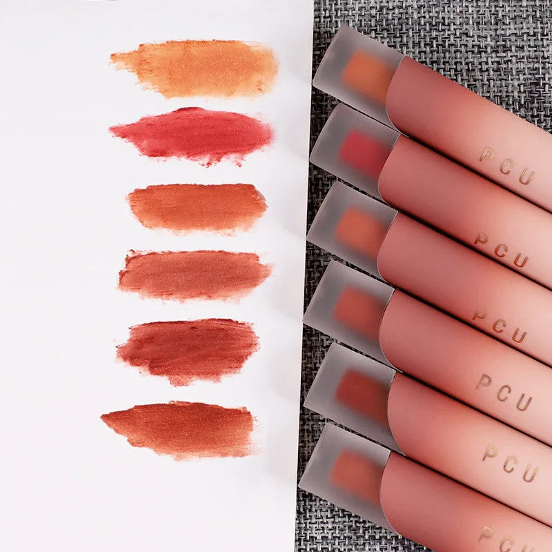 Lip and cheek blush matte non-stick velvet lip glaze in six shades including White Peach Cheese and Ebony Rose