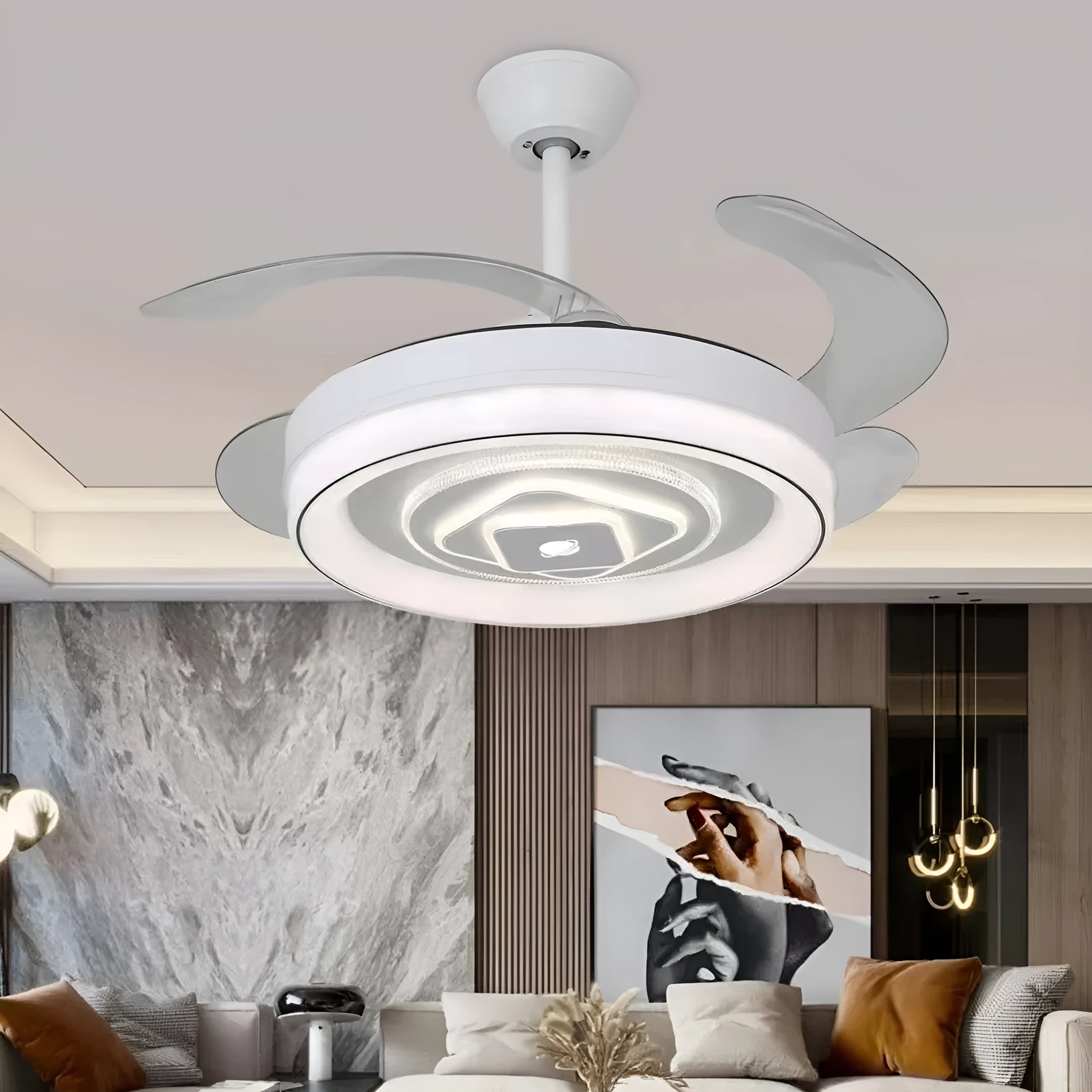Nordic style ceiling fan light with invisible blades in modern household setting