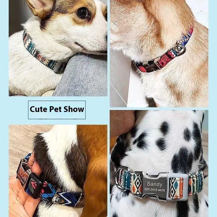 Canvas dog collar with striped bohemian pattern and adjustable semi-metal buckle for medium large dogs