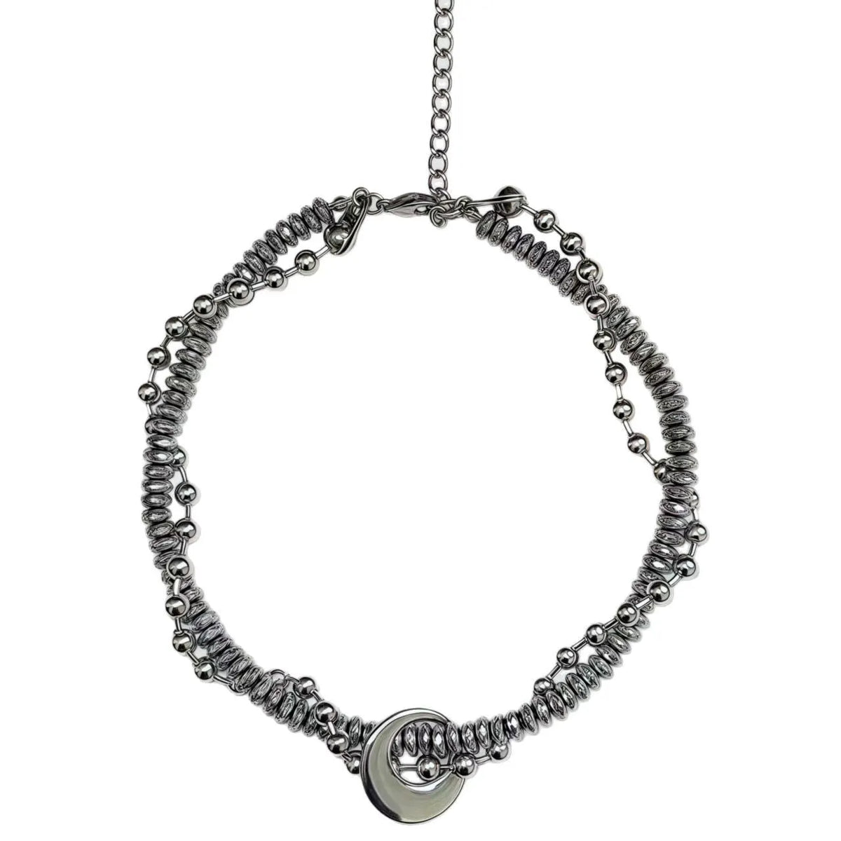 Silvery hand-woven titanium steel hip hop necklace with winding heavy industry chain texture on white background