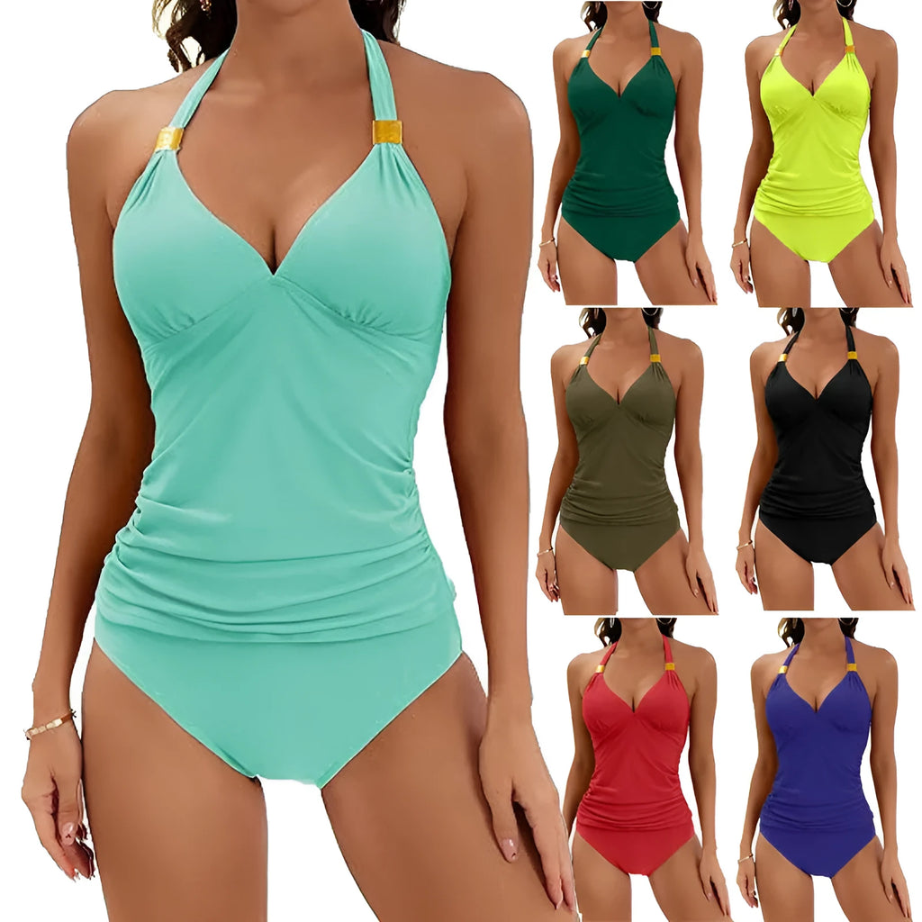 Women's solid colour halter neck bikini set on a mannequin, showing the V-neck top and matching shorts.