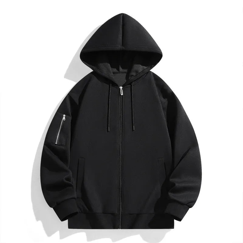 Loose hooded cardigan for teenagers in solid black, unlined polyester fibre, relaxed fit, front view