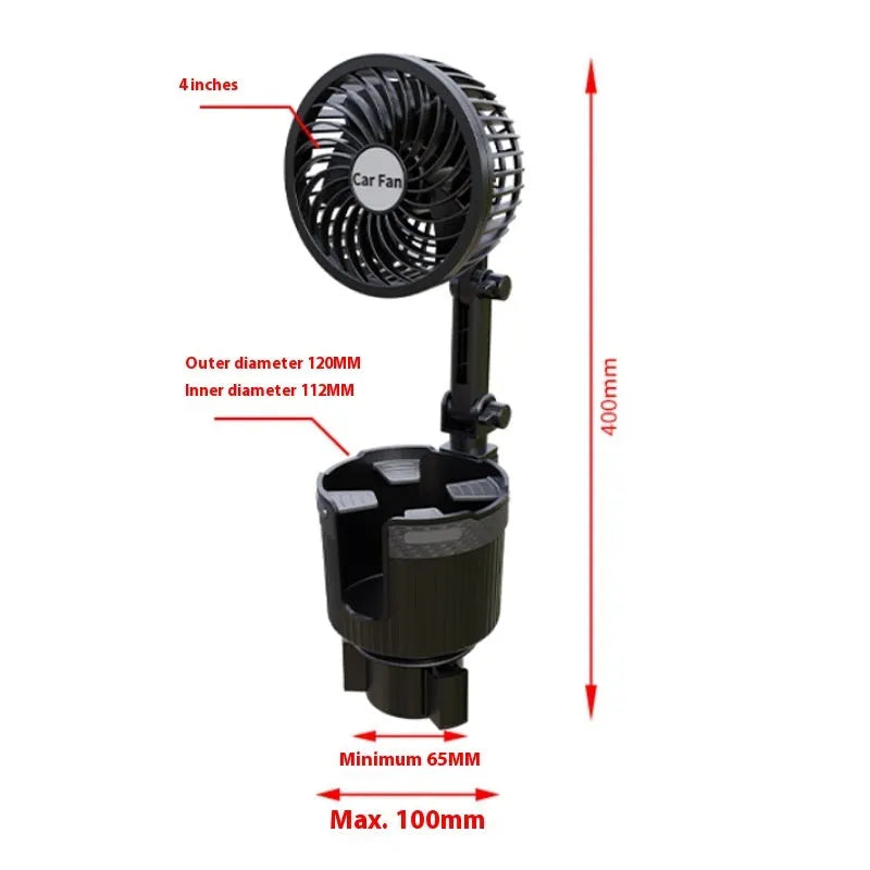 Portable ABS plastic fan unit designed to sit in a car cup holder, with options for 12V, 24V, or USB power.