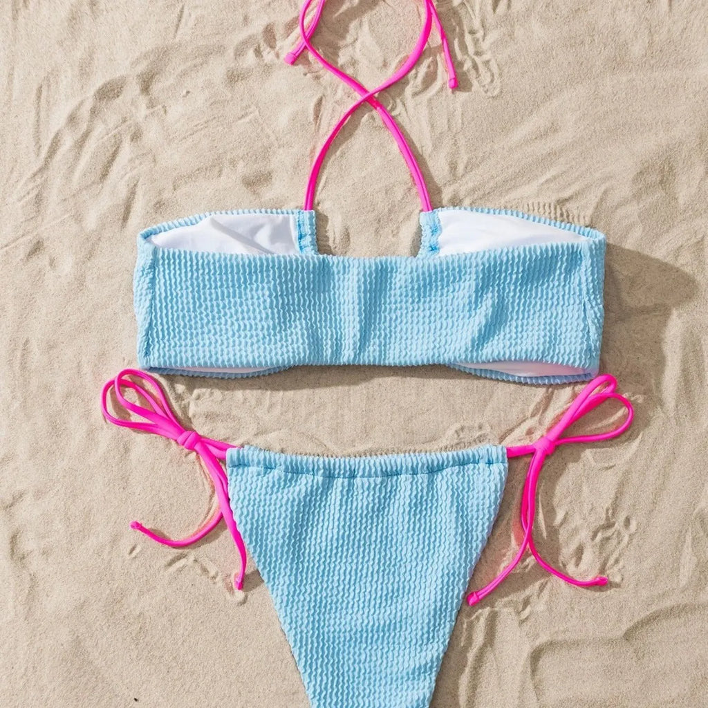 Women's solid colour halter lace-up separated swimsuit with backless design and briefs style bottom