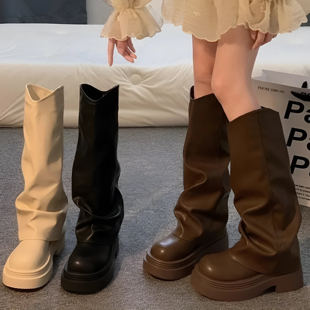 Women's round toe high cylinder PU autumn boots in beige, brown, and black colour options on a white background