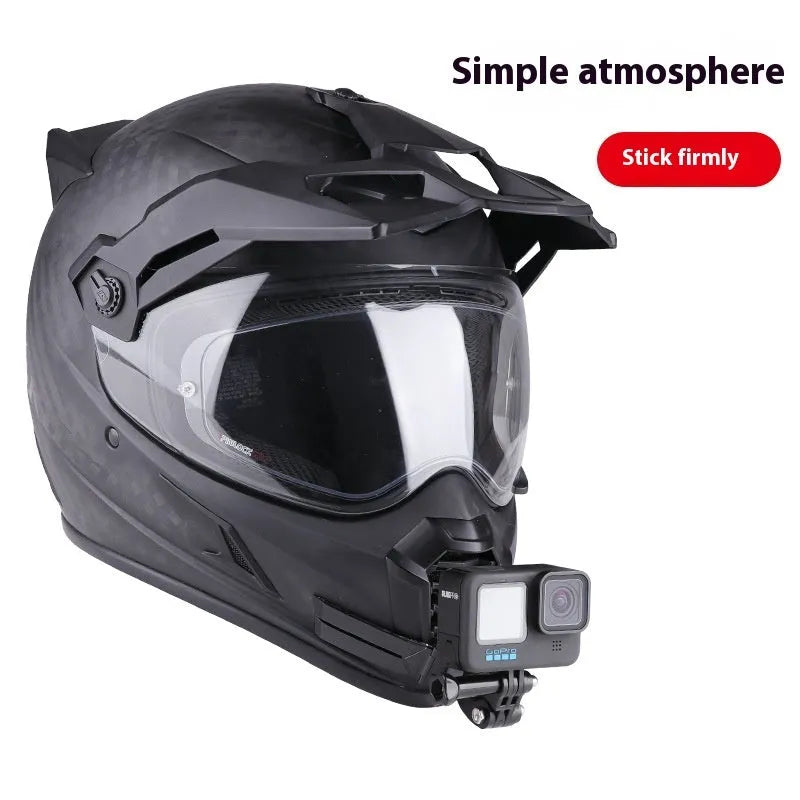 Motorcycle helmet chin camera bracket in black flexible PVC and ABS on a full-face helmet