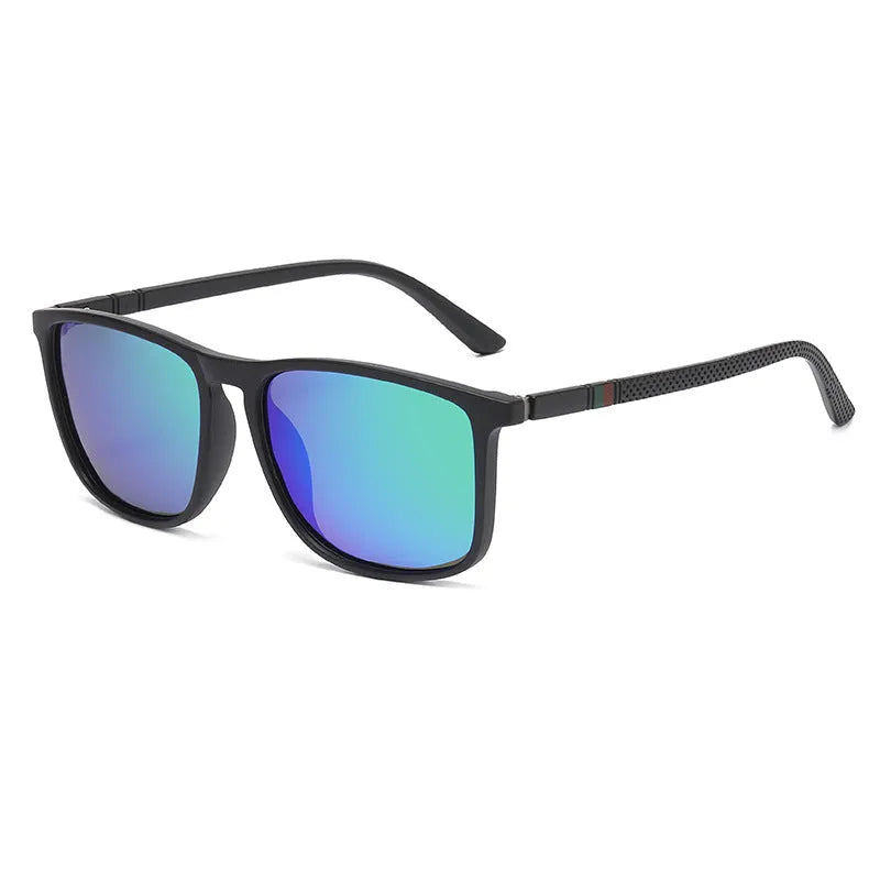 Sports driving polarized sunglasses with black frame and black grey TAC lens on reflective surface