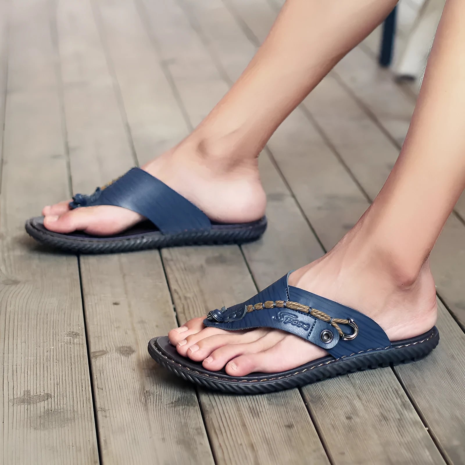 Men's casual non-slip slippers in PU leather, shown in light brown colour.