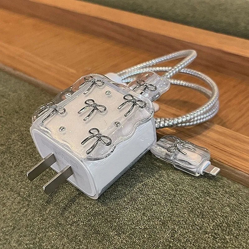 Transparent TPU charger protective cover set with bow design for 20W charger