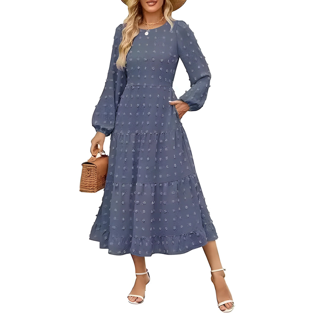 Women's beige long sleeve dress with ruffled sleeves and a high waist, shown on a hanger.